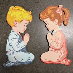 Praying Boy And Girl vintage Mid Century Dolly Toy Wall Hanging Decor 