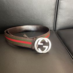 Gucci GG Logo Belt In Brown Canvas And Leather Size 95 32/34
