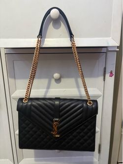 Saint Laurent Large Envelope Gold Hardware Shoulder Bag Black Grained Leather