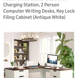 Grepatio 60" Farmhouse L Shaped Desk with Drawers, Executive Desk with Storage, Home Office Corner Desk with Charging Station, 2 Person Computer Writi