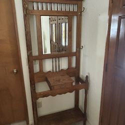 Antique Oak Hall Tree with Mirror & Drawer – Victorian Revival Style
