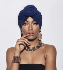 Blue pre-tied headwrap bonnet