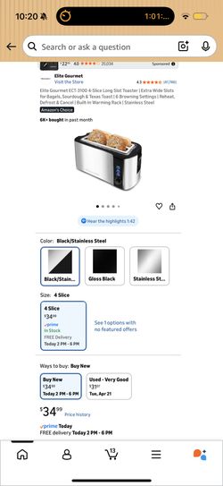 Elite Gourmet ECT-3100 4-Slice Long Slot Toaster