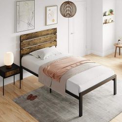 14 Inch Twin Size Metal Platform Bed Frame with Wooden Headboard and Footboard, Mattress Foundation, No Box Spring Needed, Large Under Bed Storage, He