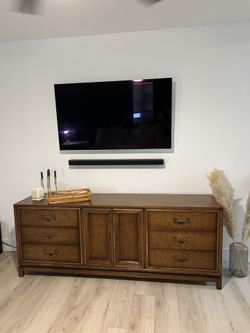 Mid Century Chinoiserie Burl Wood Credenza and Side Tables by Founders