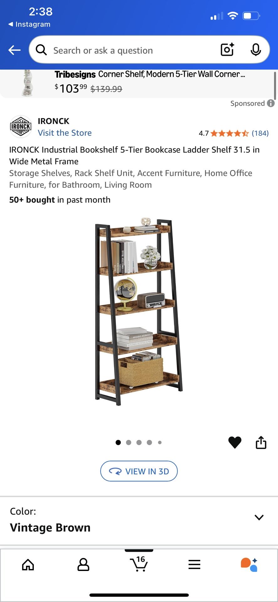 IRONCK Industrial Bookshelf 5-Tier Bookcase Ladder Shelf 31.5 in Wide Metal Frame