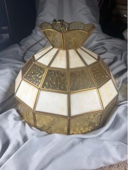 Vintage Hanging Stained Glass Pendant Lamp Shade – 12” Wide Brass Tone