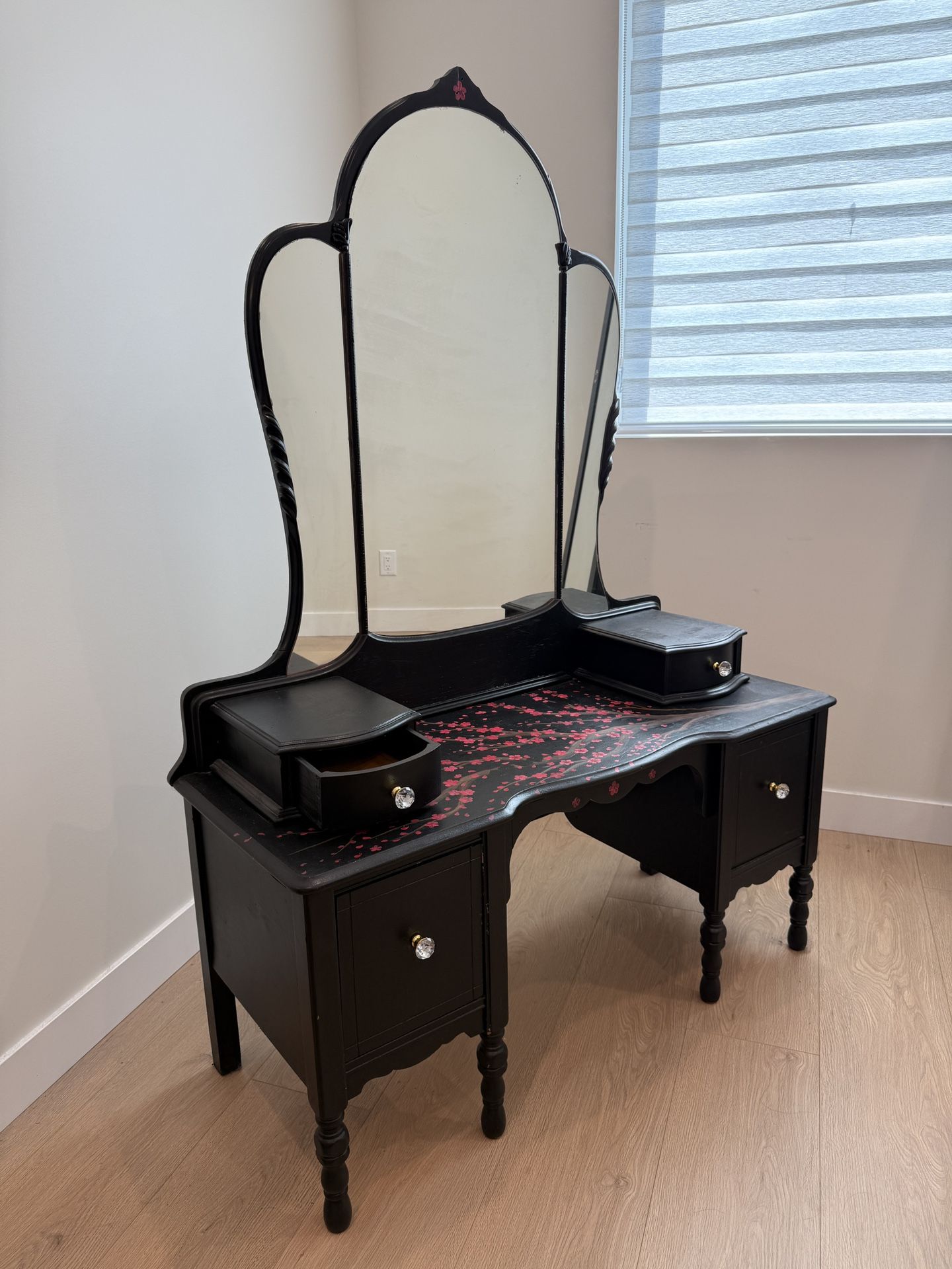 Antique Vanity With Mirror - Refurbished, Hand Painted Cherry Blossoms
