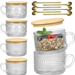 6 Pack 14oz Vintage Glass Coffee Mugs with Bamboo Lids and Spoons, Green Embossed Drinking Glasses for Iced Coffee, Tea, Latte