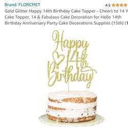 Gold Glitter Happy 14th Birthday Cake Topper - Cheers to 14 Years Cake Topper, 14 & Fabulous Cake Decoration for Hello 14th Birthday Anniversary Party