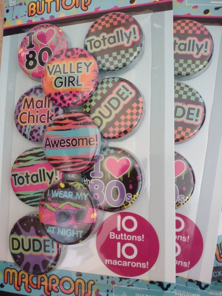 1980's party supplies - buttons with cool sayings on them & hanging decorations
$2 each package.