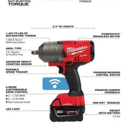 M18 FUEL ONE-KEY 18V Li-Ion Brushless Cordless 1/2 in. High-Torque Impact Wrench  Resistant Battery + Charger and bag

