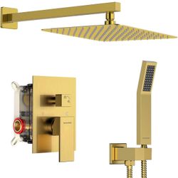 SR SUN RISE Shower Faucets Sets Complete Brushed Gold Square Rain Shower Head with Handheld Spray All Metal Shower Faucet Trim Repair Kits (Contain Sh