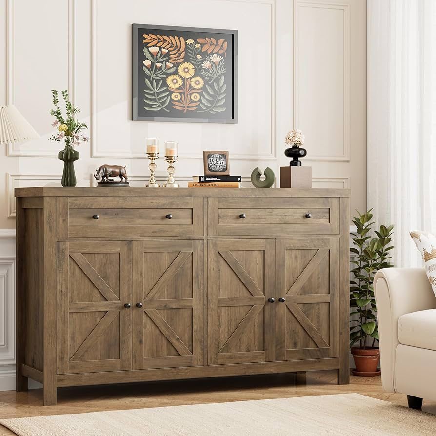 55" Buffet Sideboard Cabinet with Storage, Modern Farmhouse Coffee Bar with Drawers and Shelves, Barn Doors Storage Cabinet for Kitchen, Living Room,