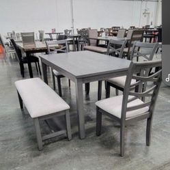 ✅️✅️ 6 pc grey finish wood dining table set padded seat chairs and bench ✅️