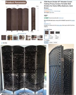 4 Panel Room Divider, Black, Wood (2 Quantity)