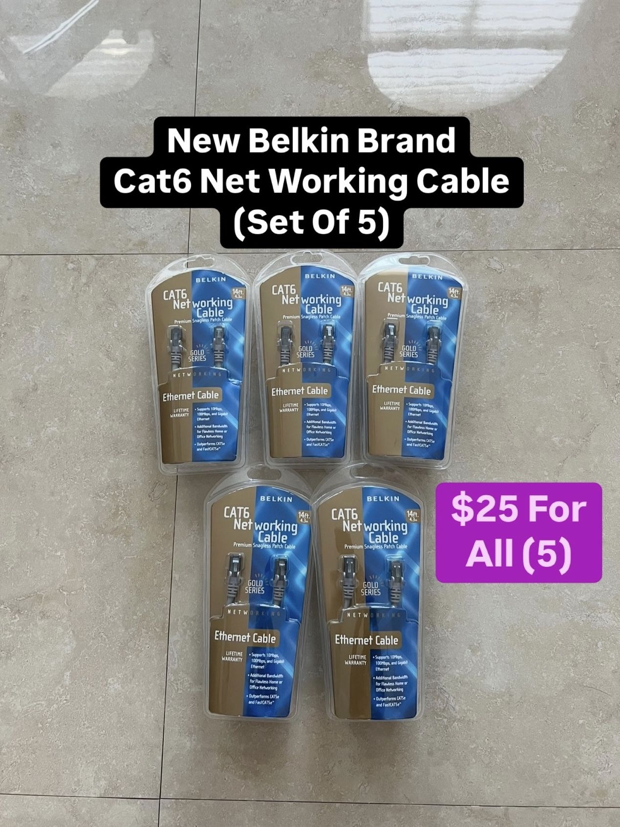 Brand New Belkin Brand Cat6 Net Working Cable (Set Of 5) Pickup Today Available