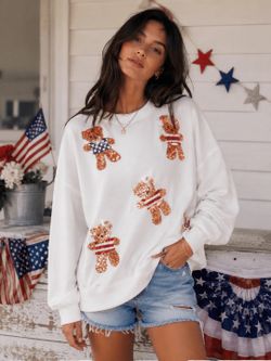 USA teddy bear sequin sweatshirt 4th of July