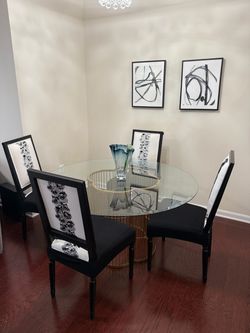 Round Glass Dining Table + 4 Upholstered Chairs – Excellent Condition