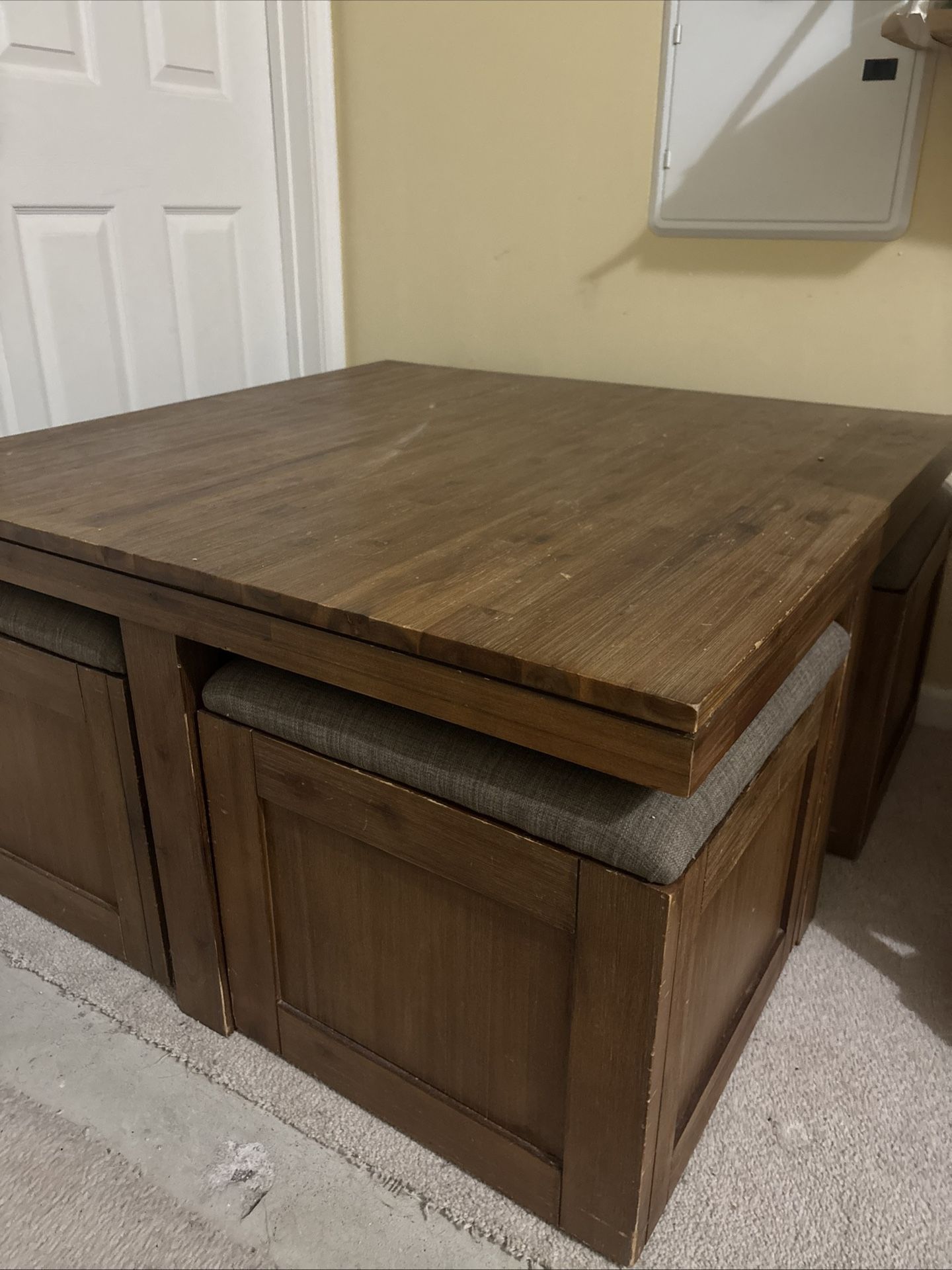 Wooden Coffee Table 42” x 42” w/ 4 Stools that have storage