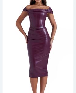 Purple Faux Leather Off-Shoulder Midi Dress