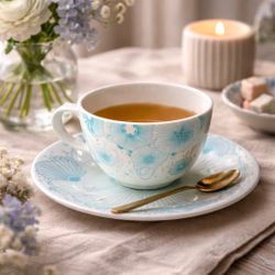 Crate & Barrel 2014 Yellena James Mother’s Day Blue White Teacup & Saucer