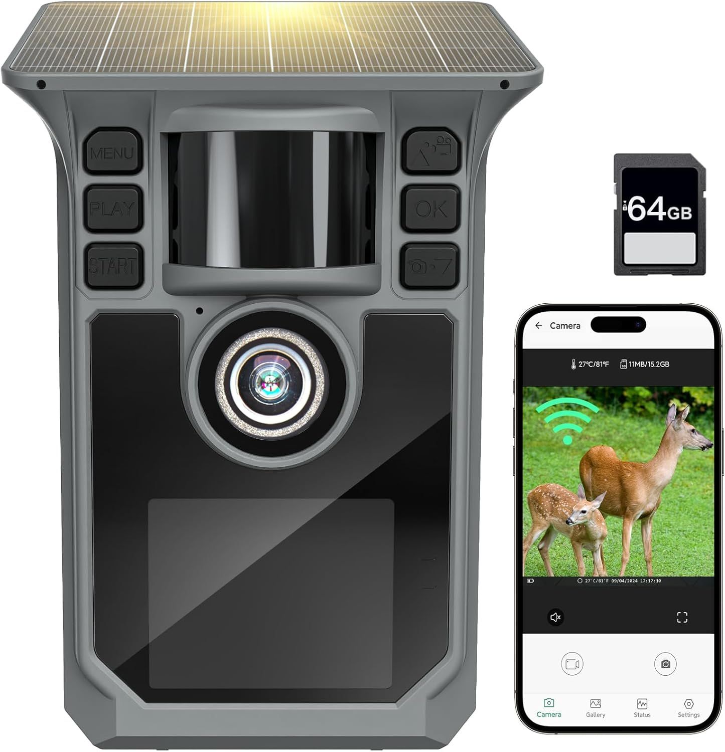 Trail Camera 4K 64MP WiFi Solar Game Camera, 5000mAh Forever Power, 64GB Memory Card and Ip67 Waterproof Night Vision Trail Cam for Outdoor Wildlife D