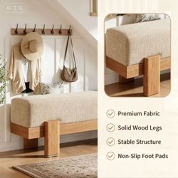 Beige Linen Upholstered Entry Bench, Solid Wood Padded Shoe Ottoman for Foyer & Bedroom