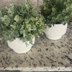 Set of 2 Mini Faux Green Plants in White Ceramic Pots