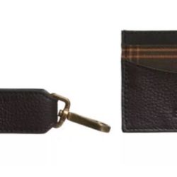 Barbour Clip Key Ring and Small Billfold Gift Set Brown Leather Card Case NIB