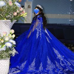 Sapphire Blue (Royal Blue ) Glitter Quinceñera Dress With Train & Long Cape