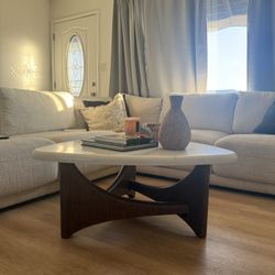 Alphie Brown 38" Wide Triangle Honed Marble Top & Wood Base Coffee Table