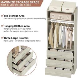 0962d Freestanding 2FT Closet System with 3 Wood Drawers, 24" Closet Organizer System with Hanging Rod & Shelves, Walk-in Closet Systems for Sma