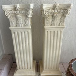2 HEAVY 35” Roman, Greek Or Italian Style CORINTHIAN COLUMN PEDESTAL TABLES For Lamp, Art Sculpture, Planter Pot, Statue, Etc.  VINTAGE WHITE PAIR. 