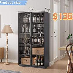 ✌️ Display Cabinet with Glass Doors Glass Display Cabinet with Ligths Display Case Curo Cabinets with 4 Adjustable Shelves for Home, Office, Clinic