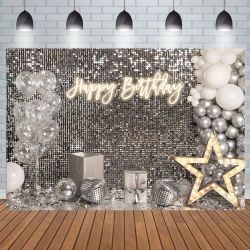 Aperturee 7x5ft Silver Shimmer Wall Happy Birthday Backdrop Shining Sequins hite