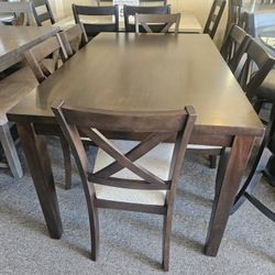 Brand New Brown Dining Table (60"×36"×30"H) + 6 Gray Linen Chairs