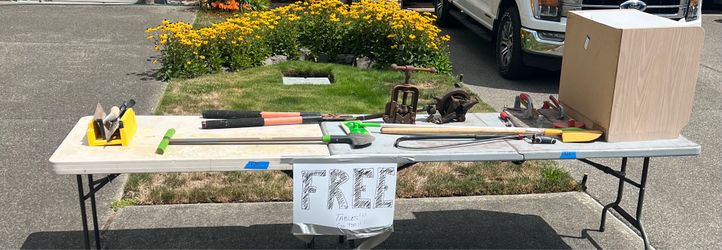 Folding tables and miscellaneous garden tools