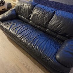 Dark Blue Leather Sofa In Great Condition 