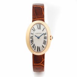 CARTIER BAIGNOIRE ROSE GOLD W/BROWN LEATHER BAND
