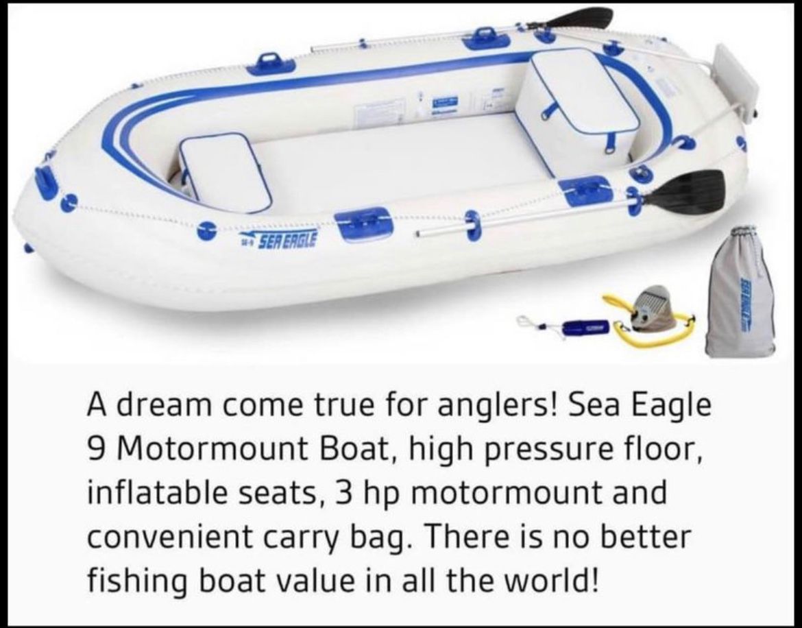 A Eagle 9 Inflatable Fishing Boat W/motor & Mount 