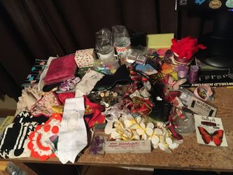 Vintage lot of buttons yarn hangers hair makeup bag Bose ribbons headbands