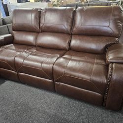 Brand New Brown Or Gray Bonded Leather Manual Reclining Sofa With Center Console, Cup Holders, Charging Ports