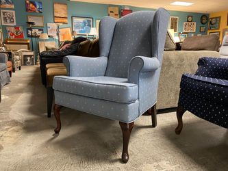PAUL REBERT Light Blue Floral Upholstered Wingback Armchair