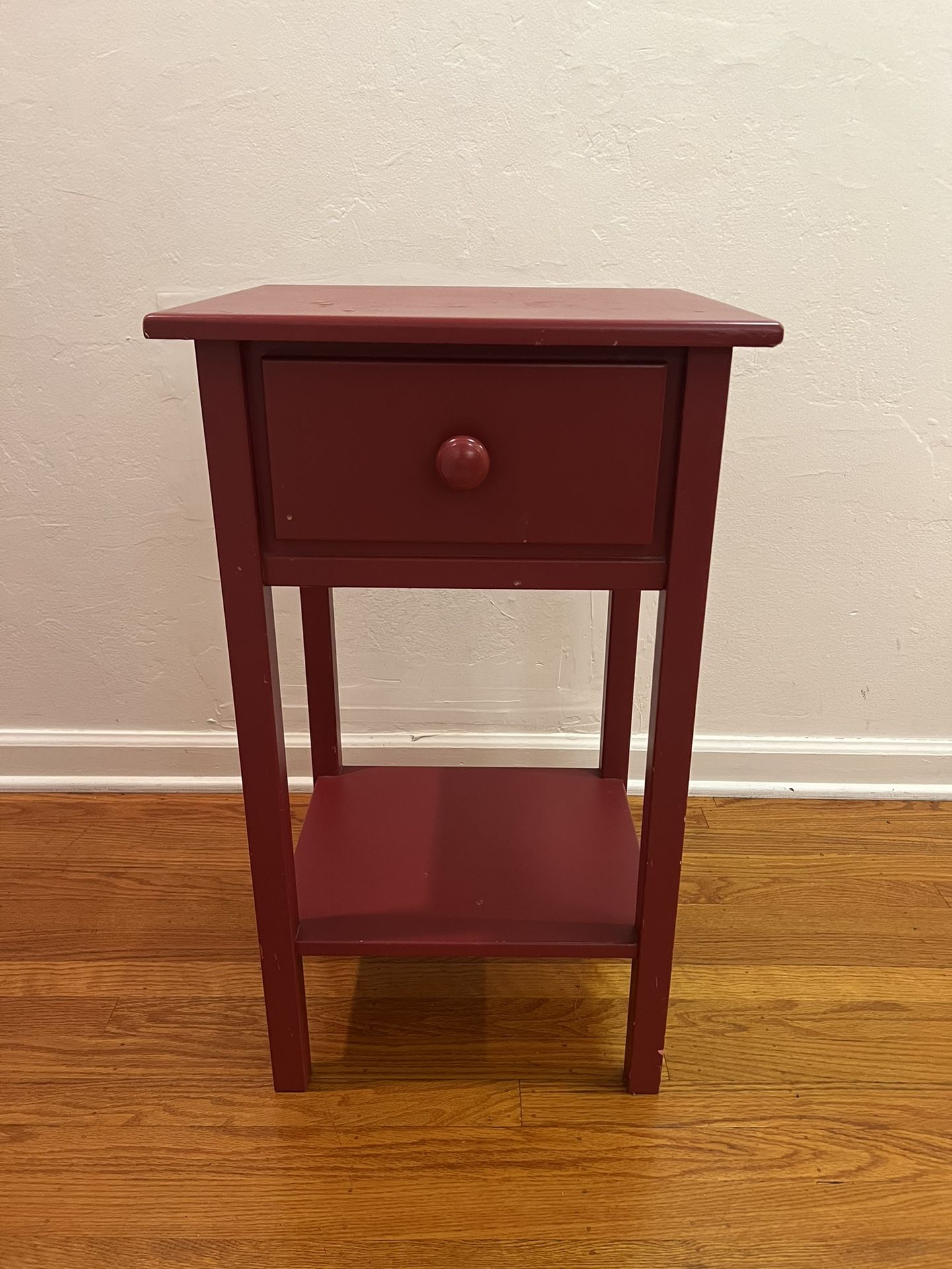 Compact Red Side Table with Drawer and Shelf