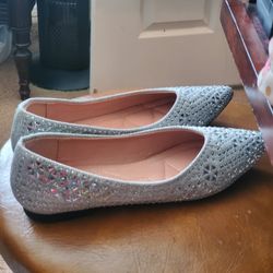 Silver Ballet Flats,Silver With Gems