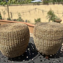 Set of 2 Woven Seagrass Basket Planters with Wooden Stands  