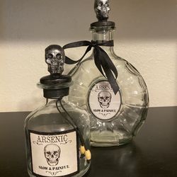 2x Halloween Decor Glass Bottles 
