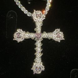18 k Gold Plated Cross Pendant With Pink Stones & Tennis Chain 