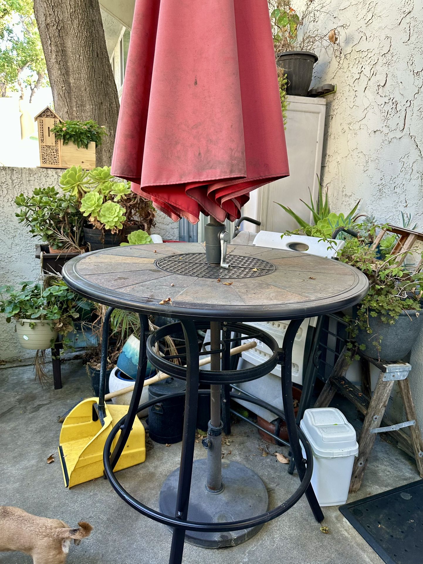 Bar height Patio Table with Chairs, Solar lit Umbrella, and